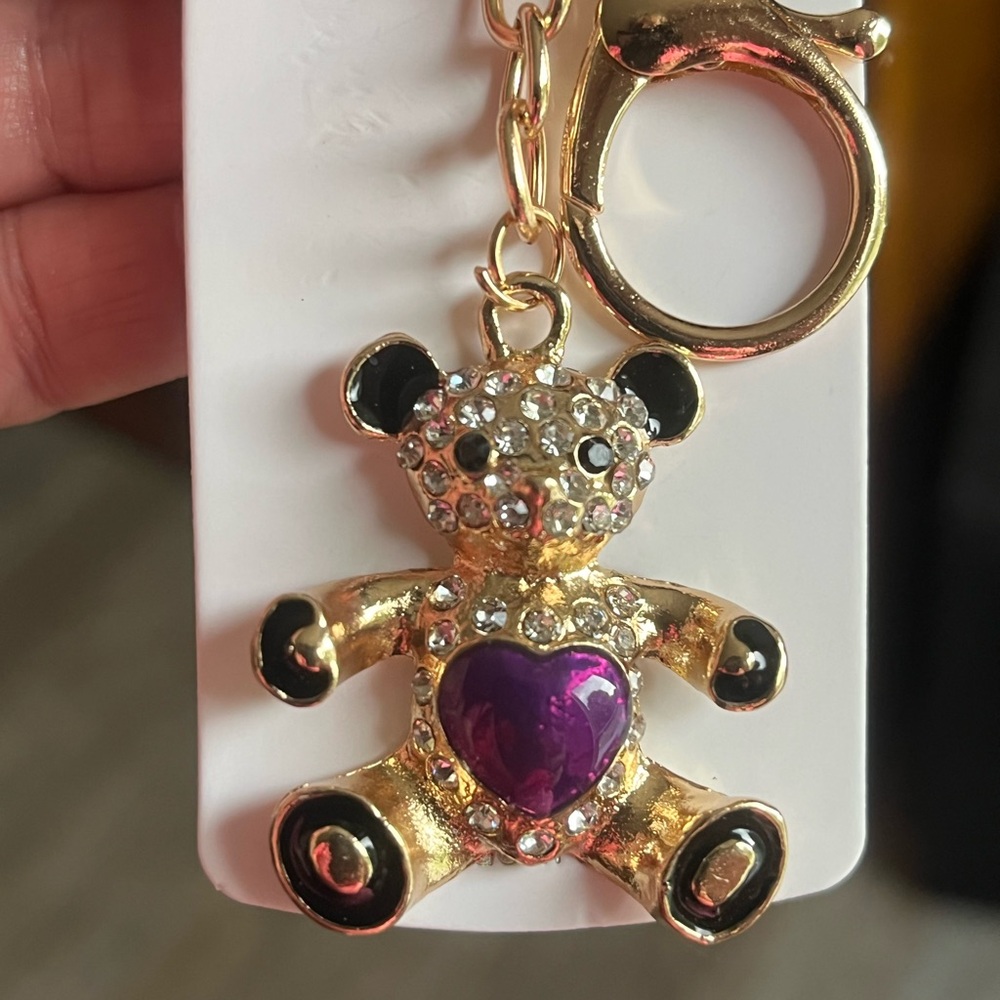 NWT Teddy Bear Keychain Rhinestones Gold With Purple Heart.